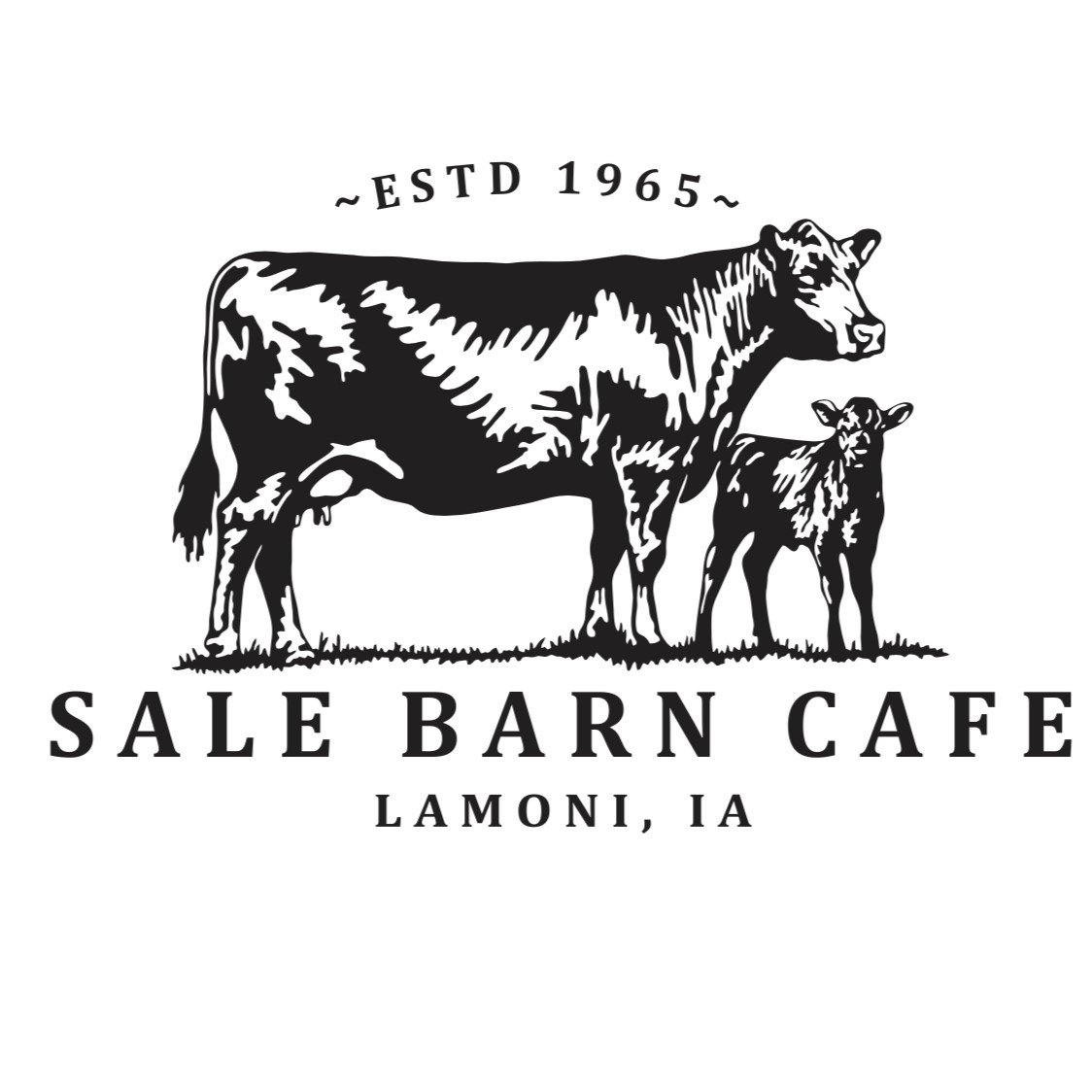 Black and white logo of Sale Barn Cafe featuring an adult cow and calf. The text reads "Estd 1965" above the animals and "Sale Barn Cafe, Lamoni, IA" below.