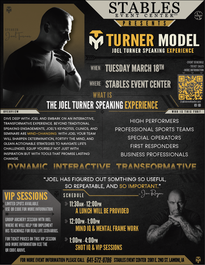 Promotional poster for "Turner Model: Joel Turner Speaking Experience" event on March 18, at Stables Event Center. Includes details about VIP sessions, schedule, and contact info. Features images of Joel Turner and emphasizes dynamic, transformative themes.