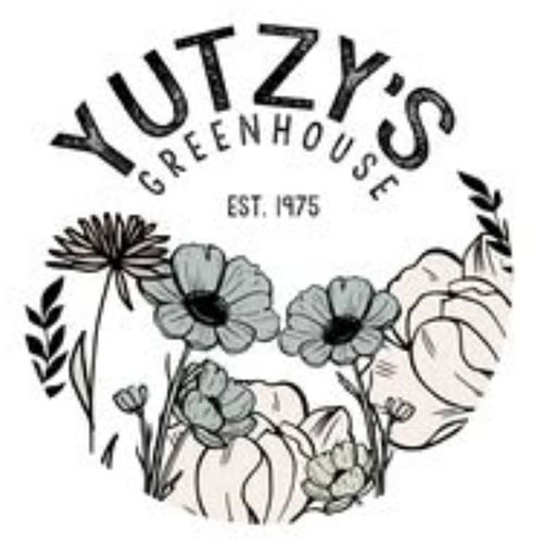 A circular logo with the text "Yutzy's Greenhouse Est. 1975" at the top. Below, there are illustrated flowers and plants, including daisies and poppies, in black and white.