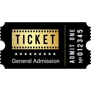 Image of a ticket with a gold filmstrip design on a black background. It reads "TICKET" with "General Admission" below, and "ADMIT ONE No 012345" on the side in white text, perfect for an intriguing evening at the Mind IQ with Joel Turner event.