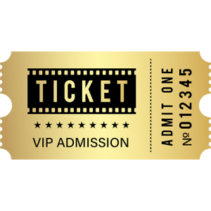 A gold VIP admission ticket for Shot IQ with Joel Turner featuring the word "TICKET" in bold black letters. It includes the text "Admit One" and "No 012345" on the side, with decorative stars gracing its design.