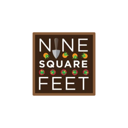 A brown square logo with the words "NINE SQUARE FEET." A trowel replaces the "I" in "NINE." Icons of carrots and tomatoes are between the words, suggesting a gardening theme.