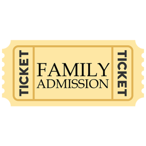 A yellow ticket with the words "Family Admission" in bold black letters in the center. The word "Ticket" is written on both sides of the ticket. The ticket has a classic rectangular shape with scalloped edges.