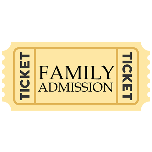 A yellow ticket with the words "Family Admission" in bold black letters in the center. The word "Ticket" is written on both sides of the ticket. The ticket has a classic rectangular shape with scalloped edges.