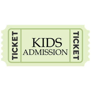 A light green ticket with scalloped edges. The text reads "KIDS ADMISSION" in bold black letters, flanked by the word "TICKET" on both sides.