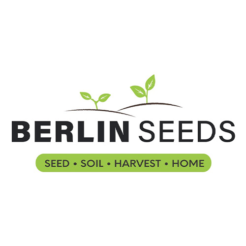 Logo of Berlin Seeds featuring the text "BERLIN SEEDS" with two green seedlings sprouting above. Below, there's a green bar with the words "SEED • SOIL • HARVEST • HOME.