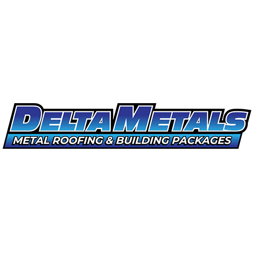 Logo for Delta Metals featuring bold, blue gradient text "DELTA METALS" with a black outline. Below, in smaller size, it reads "METAL ROOFING & BUILDING PACKAGES" in white capital letters on a blue background.