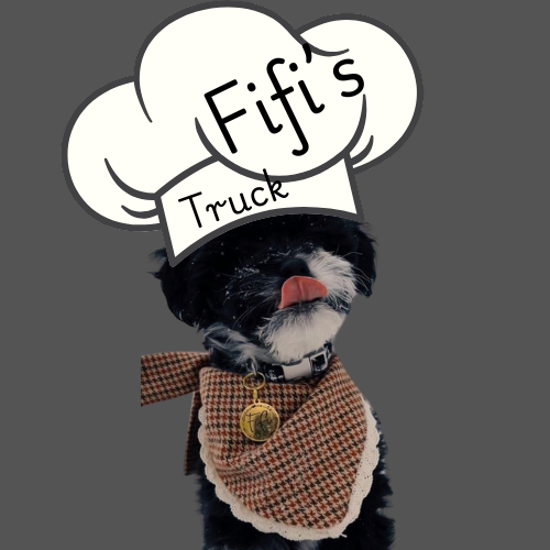 A black and white dog wearing a checkered scarf and a chef's hat with "Fifi's Truck" written on it. The dog is sticking out its tongue, adding a playful touch. The background is gray.