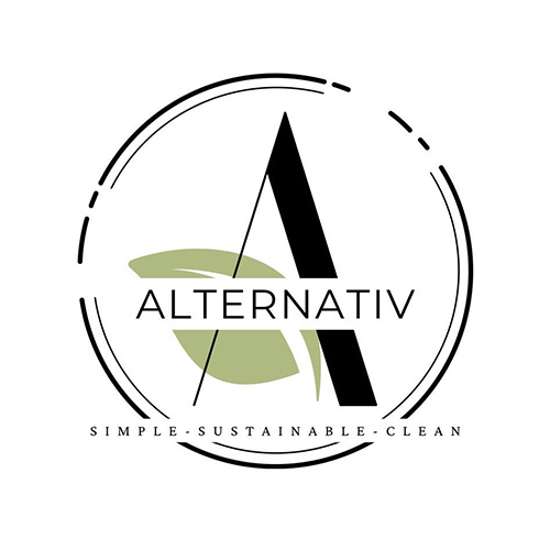 Logo featuring a stylized letter "A" with a green leaf behind it, enclosed in a circular design. Below, the word "ALTERNATIV" is written, with "SIMPLE • SUSTAINABLE • CLEAN" beneath it.