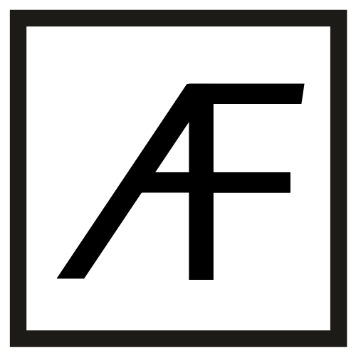 The image displays the Anderson Farm logo, featuring a black letter "A" and "F" merged in a bold, modern font. This design is centered within a black square frame on a pristine white background.