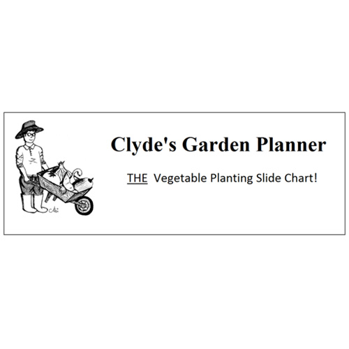 Illustration of a person in gardening attire holding a wheelbarrow with various vegetables, accompanied by the text "Clyde's Garden Planner - THE Vegetable Planting Slide Chart!.
