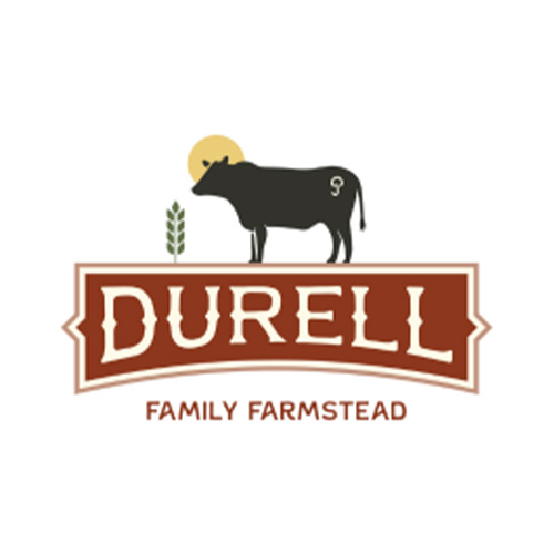 Logo for Durell Family Farmstead featuring a silhouette of a cow with a number nine on its side, standing on a brown rectangular sign. Above the cow, a stylized sun and wheat stalk are visible.