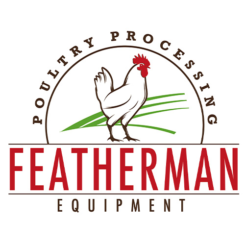 Logo of Featherman Equipment featuring a stylized rooster inside a circular emblem with green lines. The words "Poultry Processing" are above, and "Featherman Equipment" is below in bold red and brown letters.