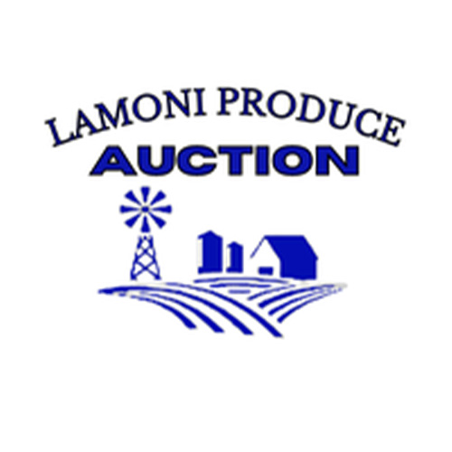 Logo with text "Lamoni Produce Auction" above a blue illustration. The image features a windmill, barns, and fields, suggesting a rural or agricultural theme.