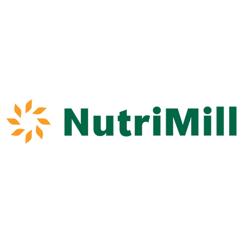 Logo of NutriMill featuring the brand name in green text with a circular design of orange leaf shapes on the left.