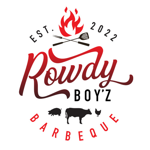 Logo for "Rowdy Boy'z Barbeque" with a flame, crossed spatula and fork above, and silhouettes of a pig, cow, and chicken below. Text includes "Est. 2022" and "Barbeque" at the bottom.