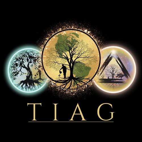 Three stylized circles with trees: left in blue hues, middle with an earth map and roots, right within a triangle. "TIAG" is written below in gold lettering against a black background.