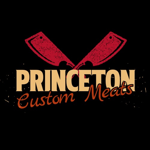 Logo for Princeton Custom Meats featuring two red meat cleavers crossed above the text. The words "Princeton" are in beige and "Custom Meats" in red-orange script, set against a black background.